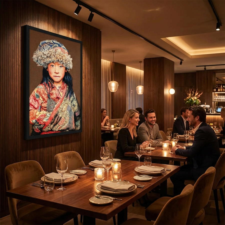 Tibetaanse Meisje Taupe – Geweven Gobelin Wanddecoratie met Lijst