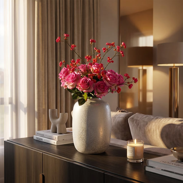 Zijden Valentijnsboeket met Artic Sparkle Silver Vaas