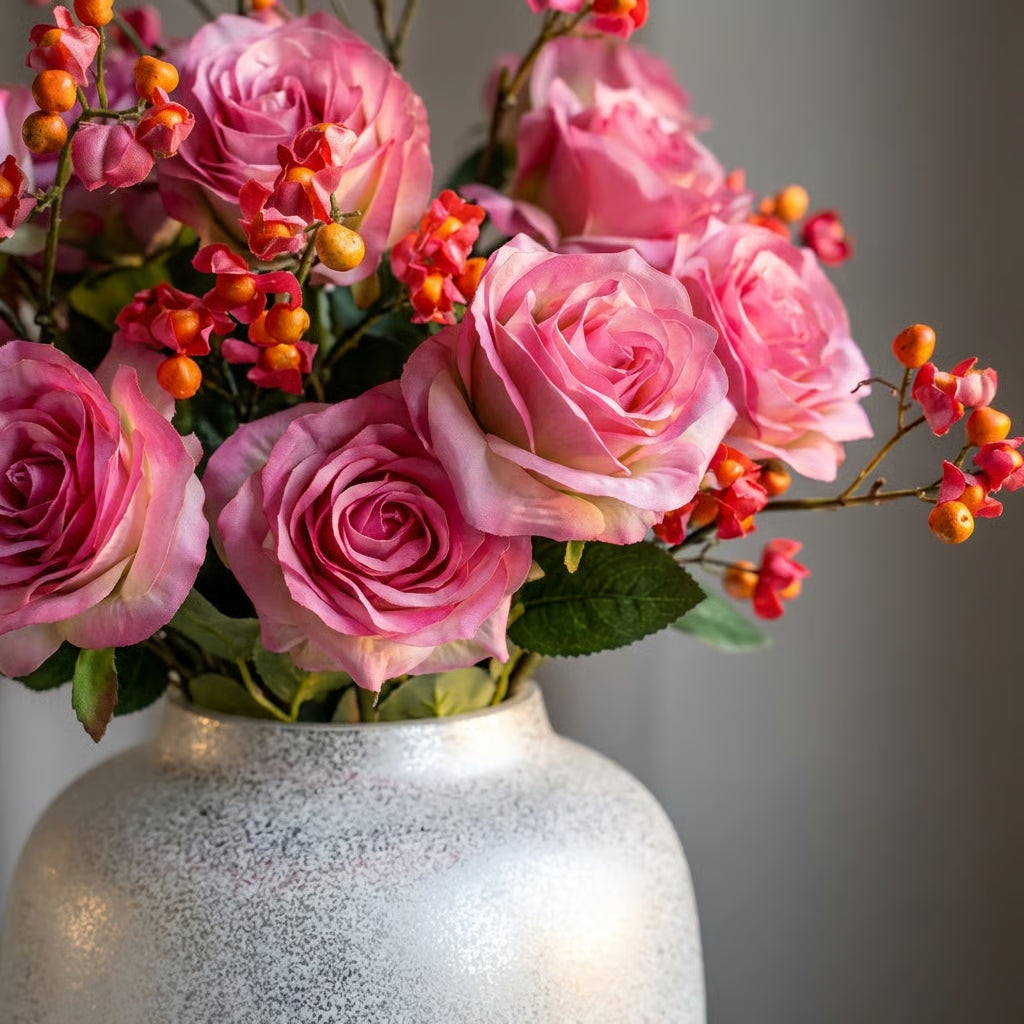 Zijden Valentijnsboeket met Artic Sparkle Silver Vaas