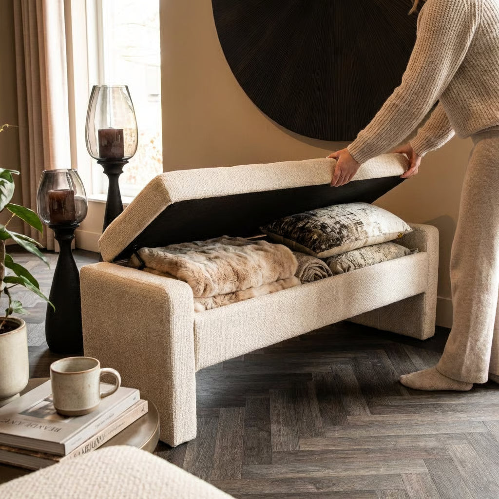 Sidney Opbergbank 160 cm – Bank met Opbergruimte (Cream & Stone)