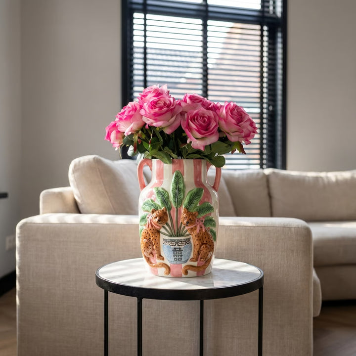 Grote Decoratieve Vaas met 24 Kunstrozen – Pink Leopard