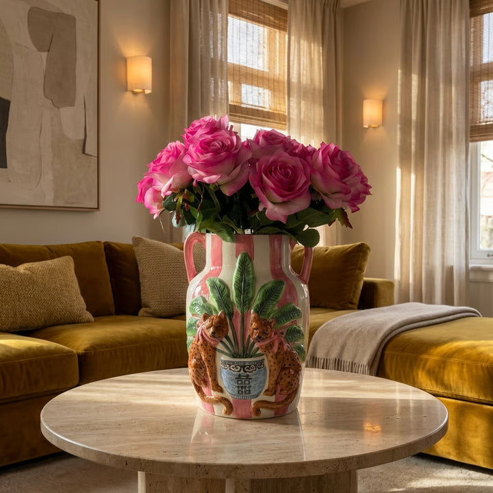 Grote Decoratieve Vaas met 24 Kunstrozen – Pink Leopard