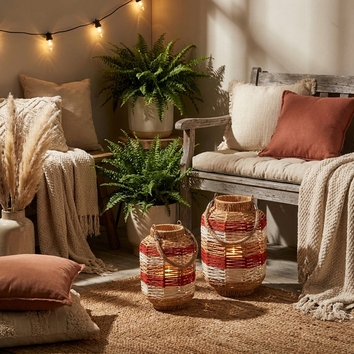 Rotan Windlicht Set (2 Maten) – Tuin Lantaarns met Handvat Bruin/Wit/Rood