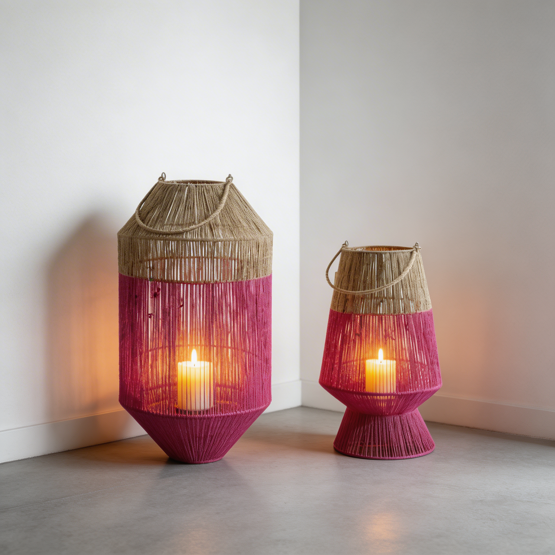 Rotan Windlicht – Fuchsia/Naturel & Oranje Tuin Lantaarns