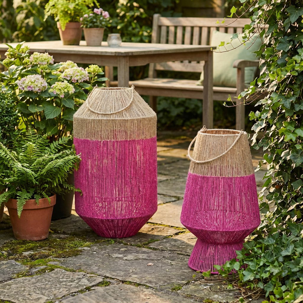 Rotan Windlicht – Fuchsia/Naturel & Oranje Tuin Lantaarns