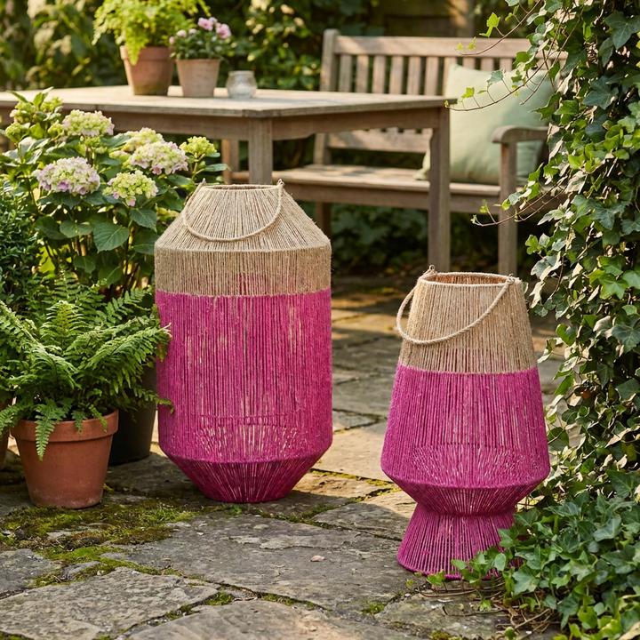 Rotan Windlicht – Fuchsia/Naturel & Oranje Tuin Lantaarns