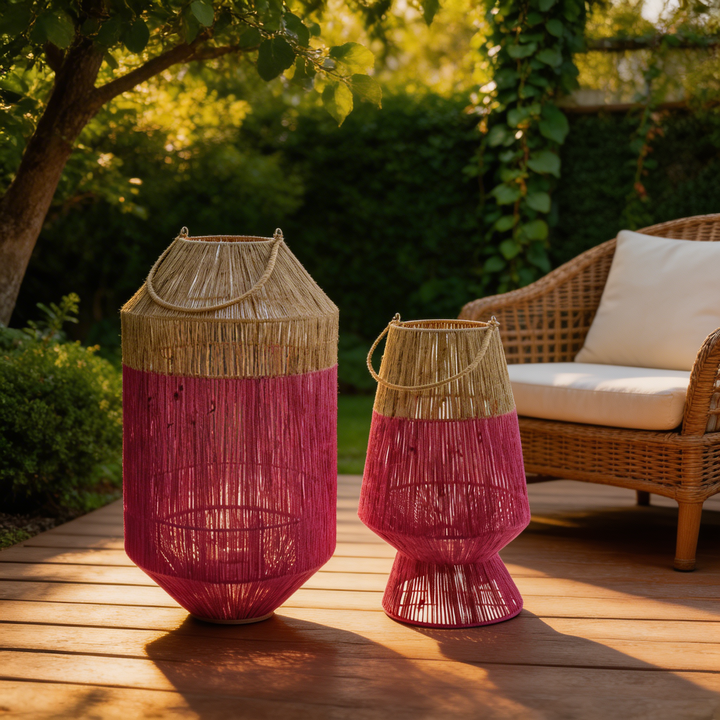 Rotan Windlicht – Fuchsia/Naturel & Oranje Tuin Lantaarns