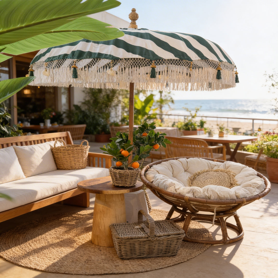 Bali Parasol Groen/Wit Ø185 cm – Boho Tuinparasol met Franjes