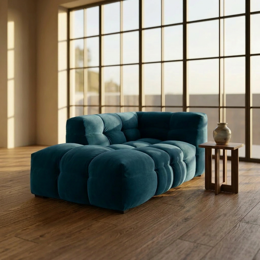 Velvet Chaise Longue Royal Petrol - Zijaanzicht tweede hoek woonkamer