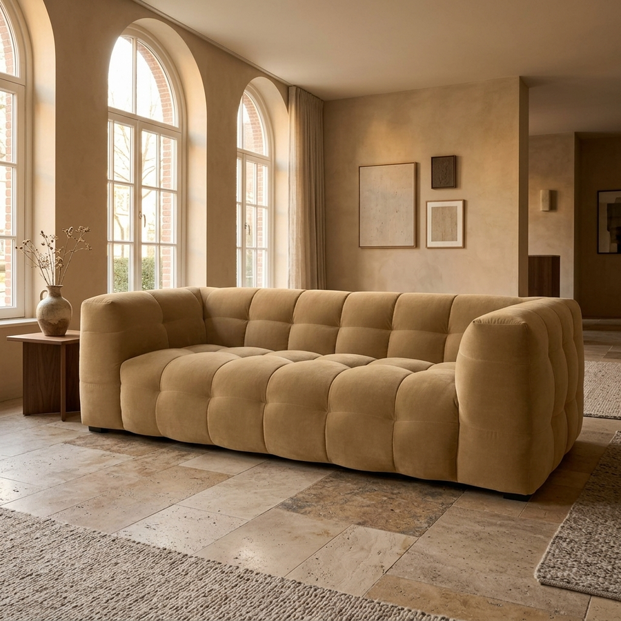 Velvet Bank 3-Zits Royal Sand - Hero interieurfoto boutique hotel woonkamer