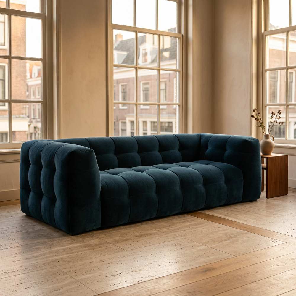 Velvet Bank 3-Zits Royal Petrol - Hero interieurfoto boutique hotel woonkamer