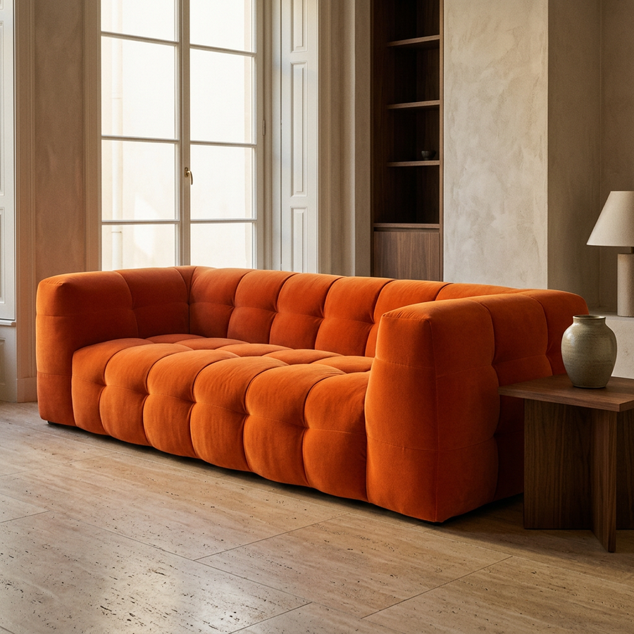 Velvet Bank 3-Zits Royal Orange - Zijaanzicht tweede hoek woonkamer