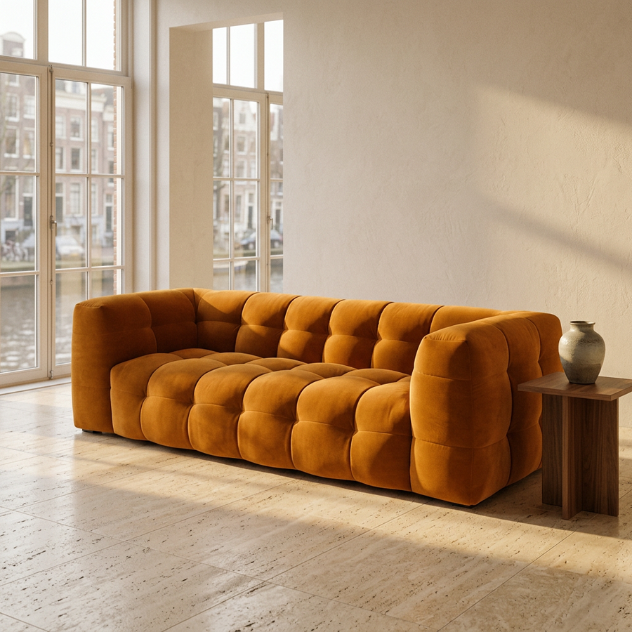 Velvet Bank 3-Zits Royal Peach - Hero interieurfoto boutique hotel woonkamer