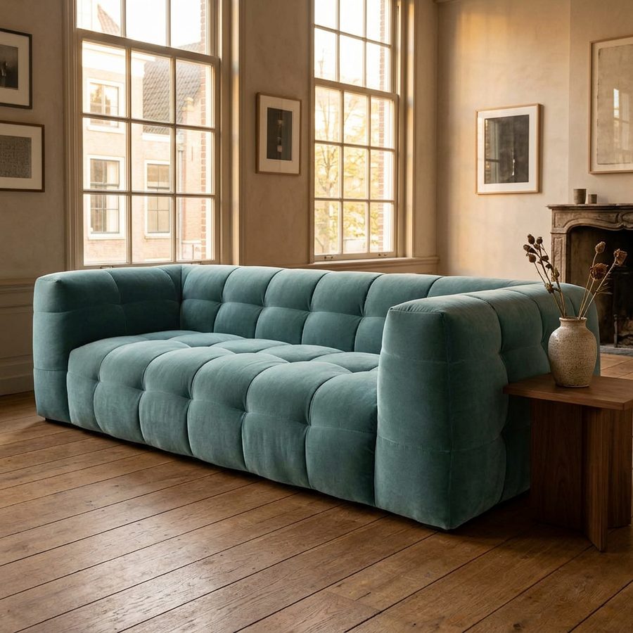 Velvet Bank 3-Zits Royal Turquoise - Hero interieurfoto boutique hotel woonkamer