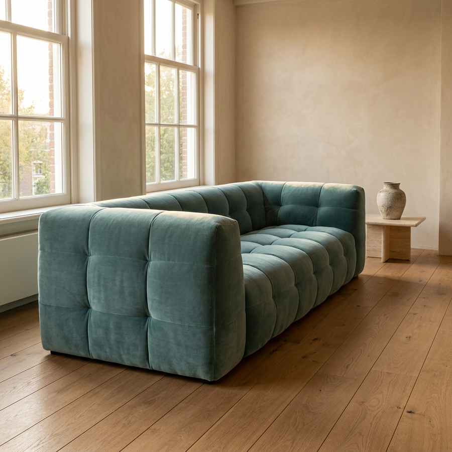 Velvet Bank 3-Zits Royal Turquoise - Zijaanzicht tweede hoek woonkamer