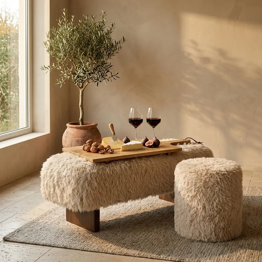 PTMD Hair Teddy Bankje Beige -| Zachte Design Bank met Houten Poten