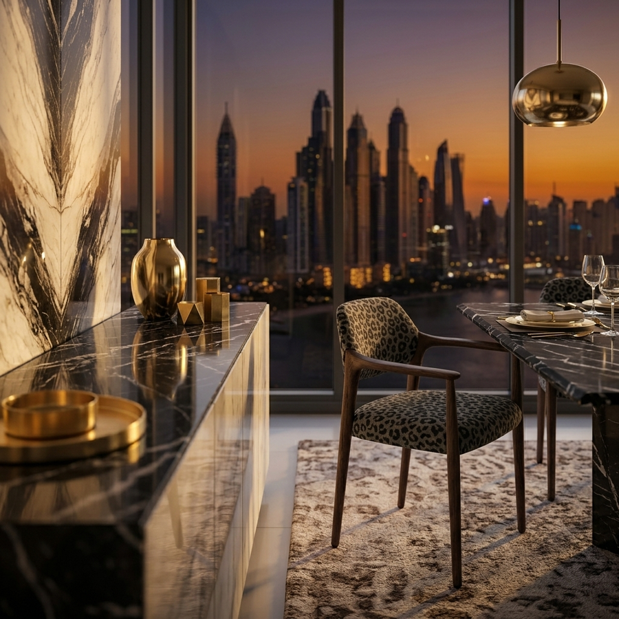 Paloma Eetkamerstoel Panter Grijs in een Dubai penthouse