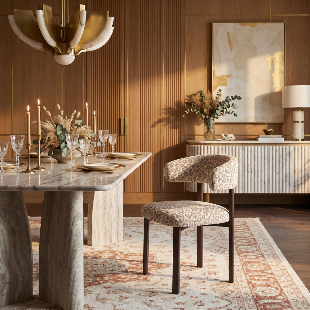 Valenci Velio eetkamerstoel panter beige - sfeerbeeld hotel dining salon
