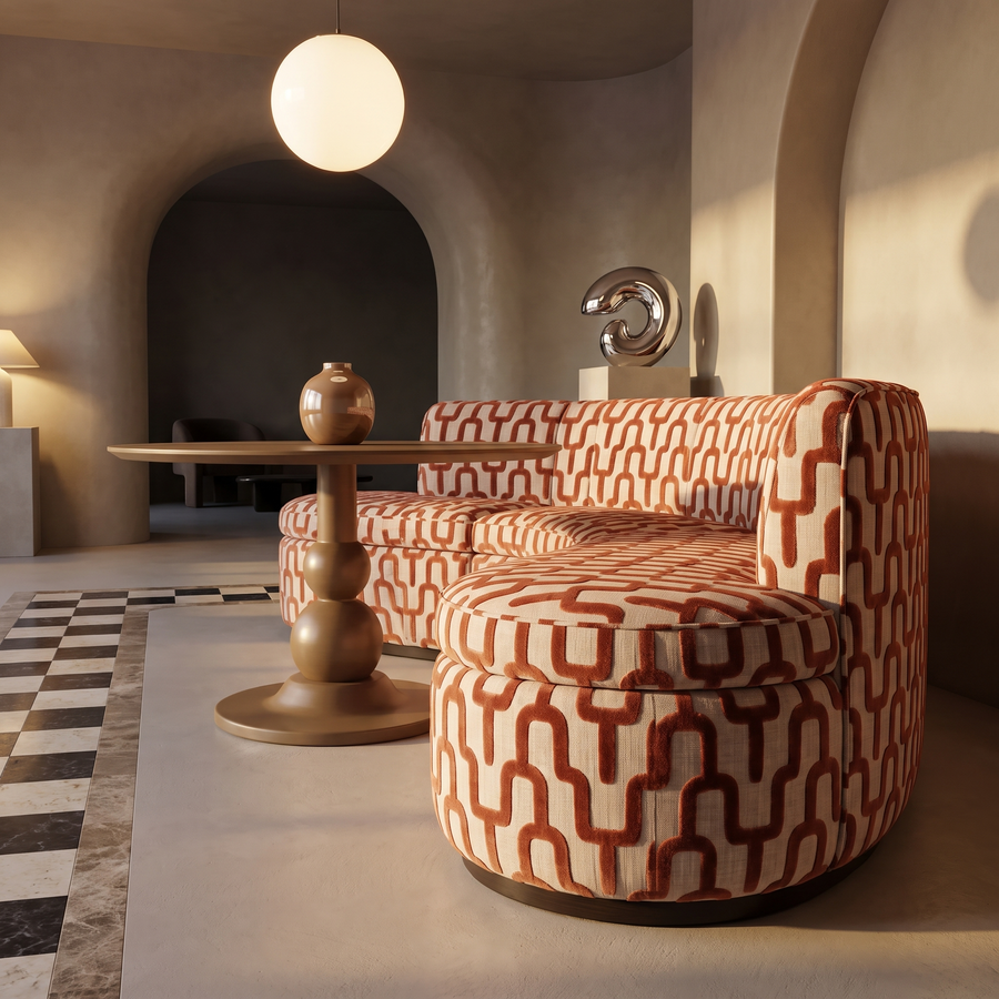 Sevilla Hoek Eetkamerbank Romi 58 Terracotta - laag 3/4 aanzicht met stofdetail