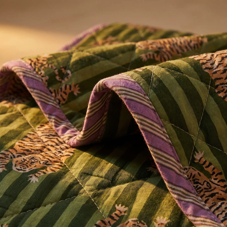 Plaid quilt katoen tijgerprint 140x180 cm – groen & paars
