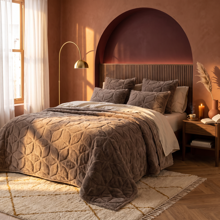 Bedsprei bontlook gewatteerd 240x260 cm in taupe bloemmotief - warme slaapkamer sfeerbeeld