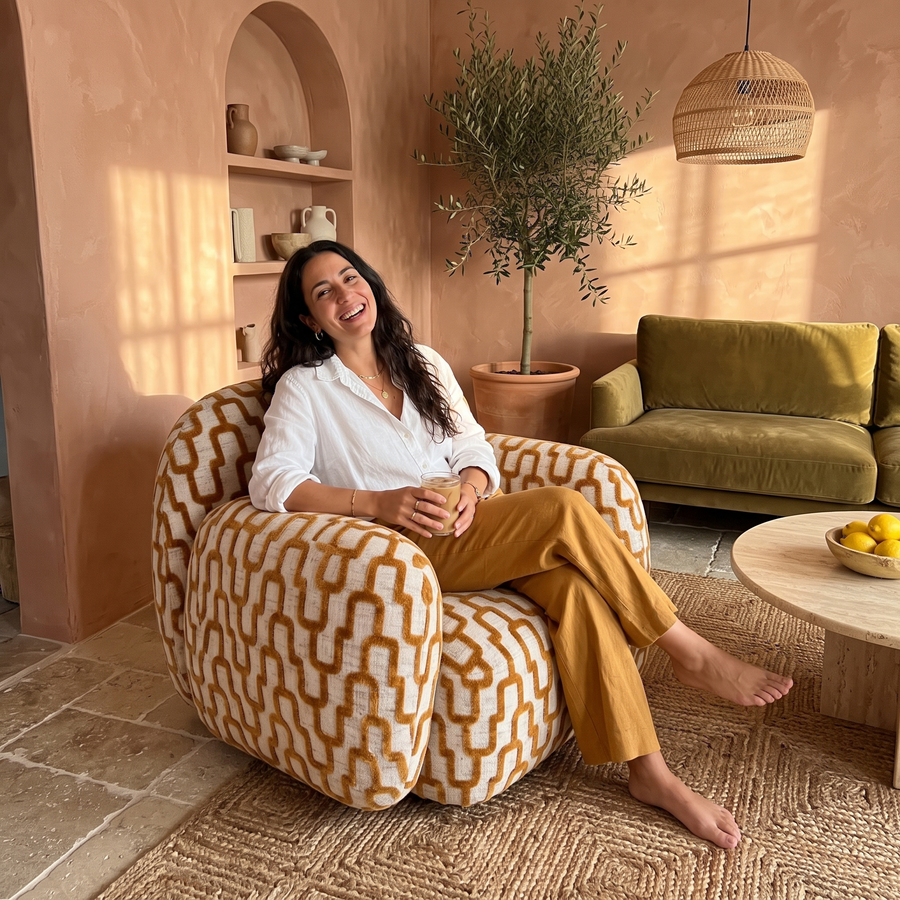 Blije klant in de Sevilla fauteuil oker