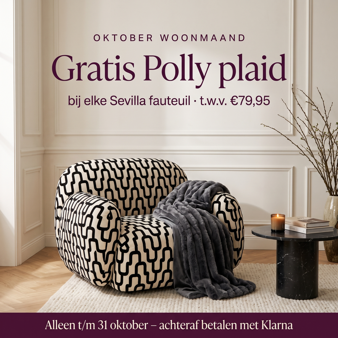 Sevilla fauteuil zwart met gratis Polly plaid dark grey – oktober woonmaand