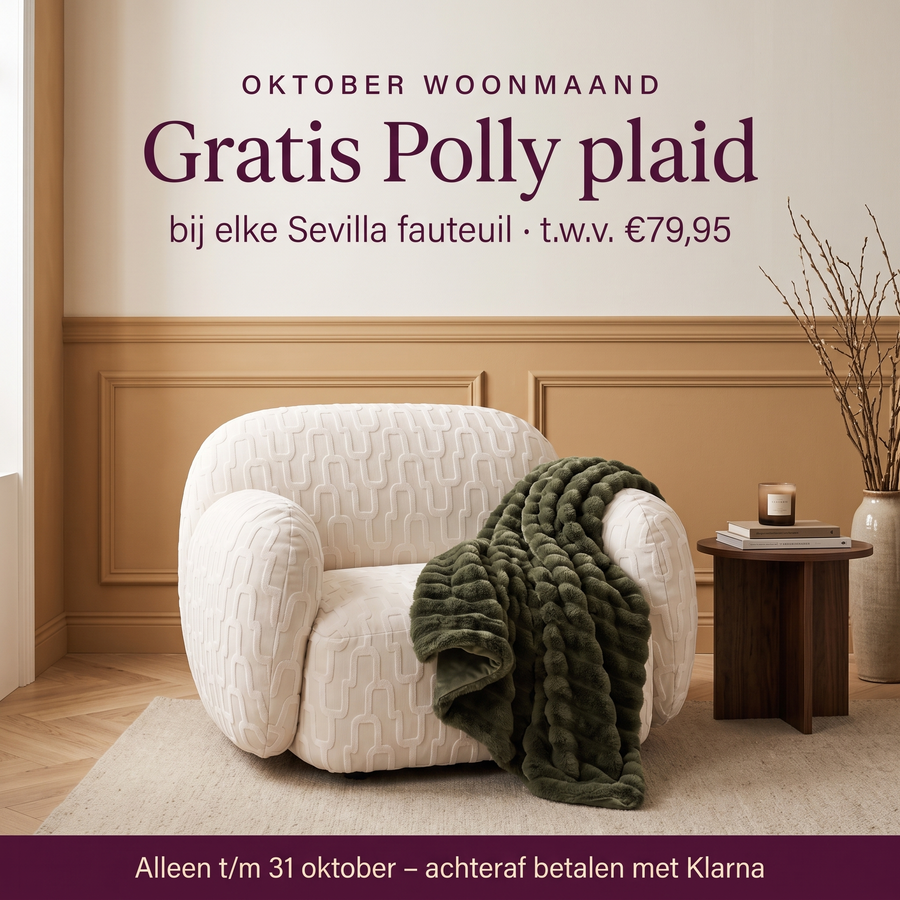 Sevilla fauteuil gebroken wit met gratis Polly plaid winter green – oktober woonmaand