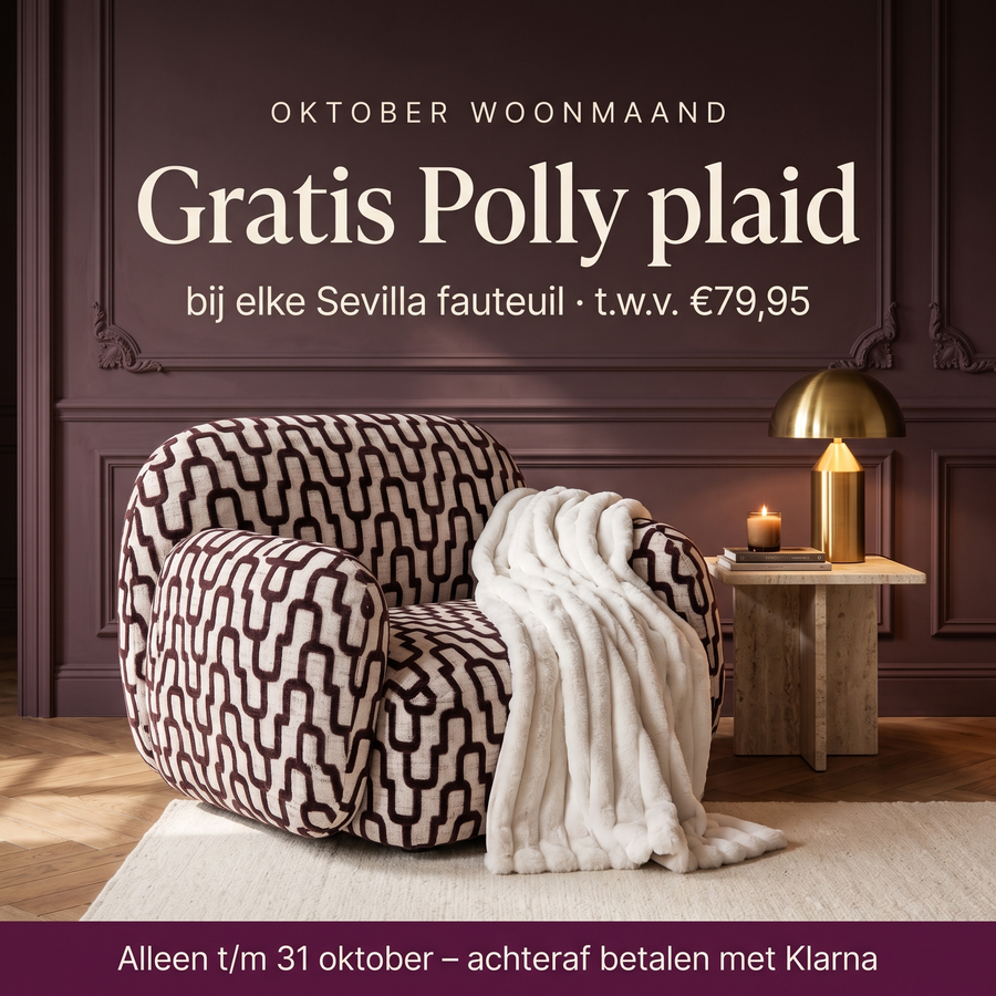 Sevilla fauteuil bruin aubergine met gratis Polly plaid dove white – oktober woonmaand