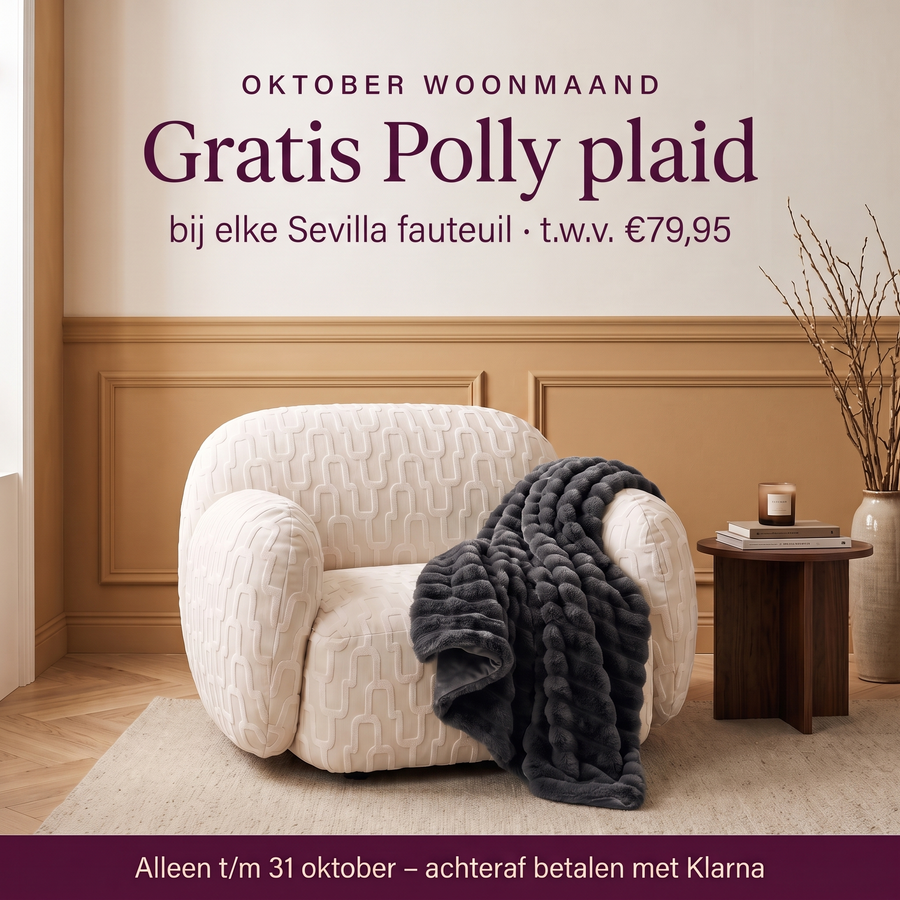 V-GW-DG Sevilla fauteuil gebroken wit met gratis Polly plaid dark grey