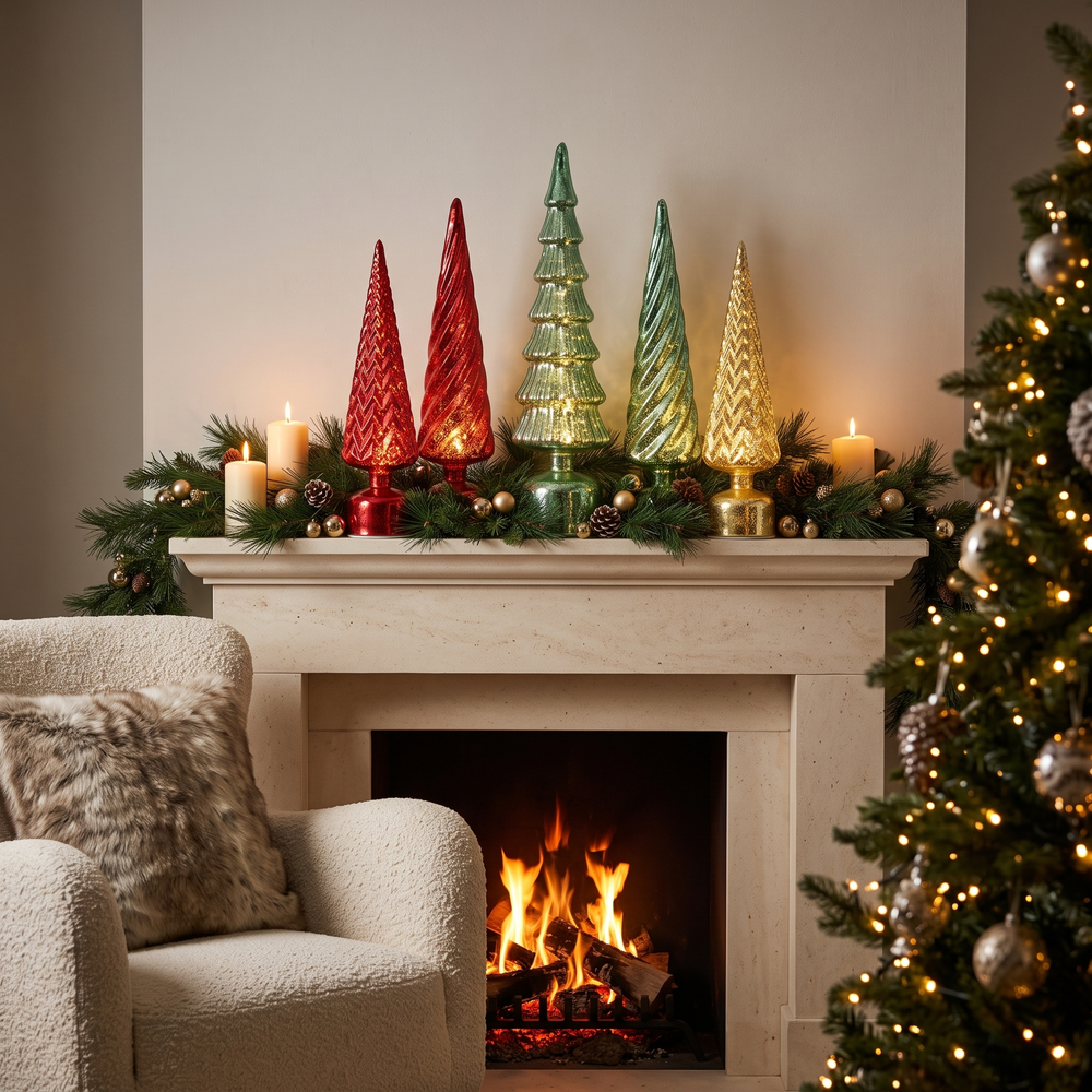 PTMD Noran LED glazen kerstbomen samen op de schouw