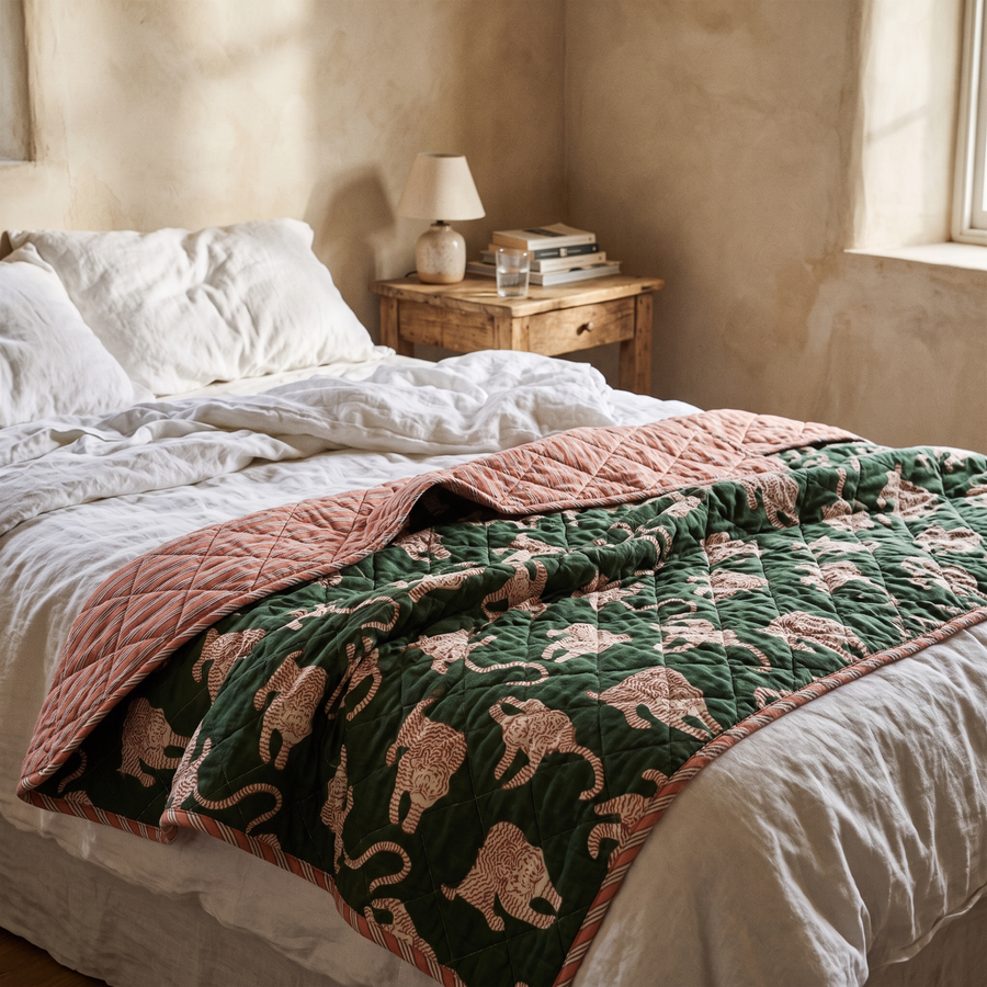 Tijgerquilt groen en zalmroze aan het voeteneind van het bed