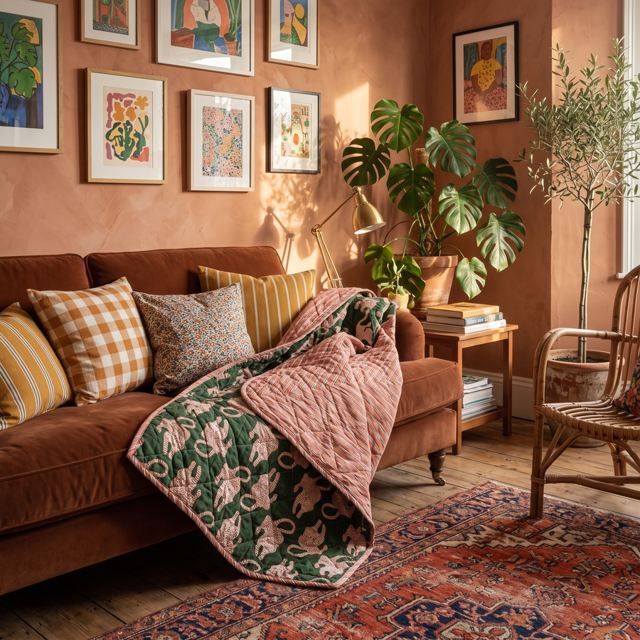 Tijgerquilt op een roestbruine velvet bank in een kleurrijke woonkamer met terracotta muur