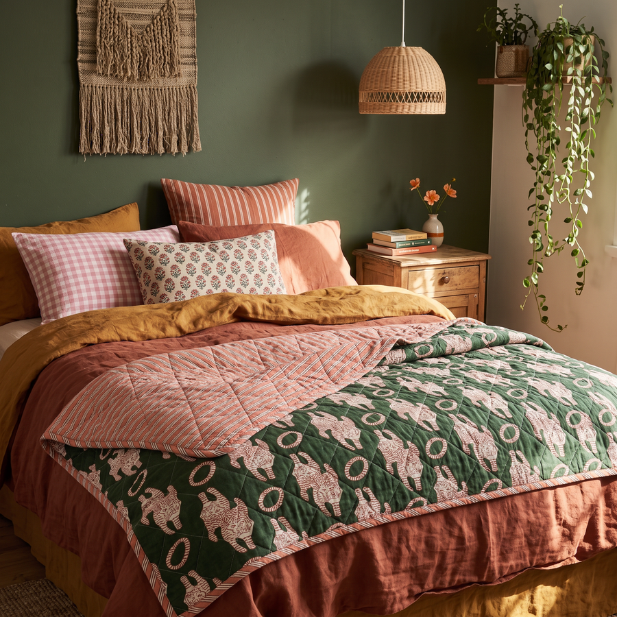 Tijgerquilt groen en zalmroze op bed in een slaapkamer met olijfgroene muur