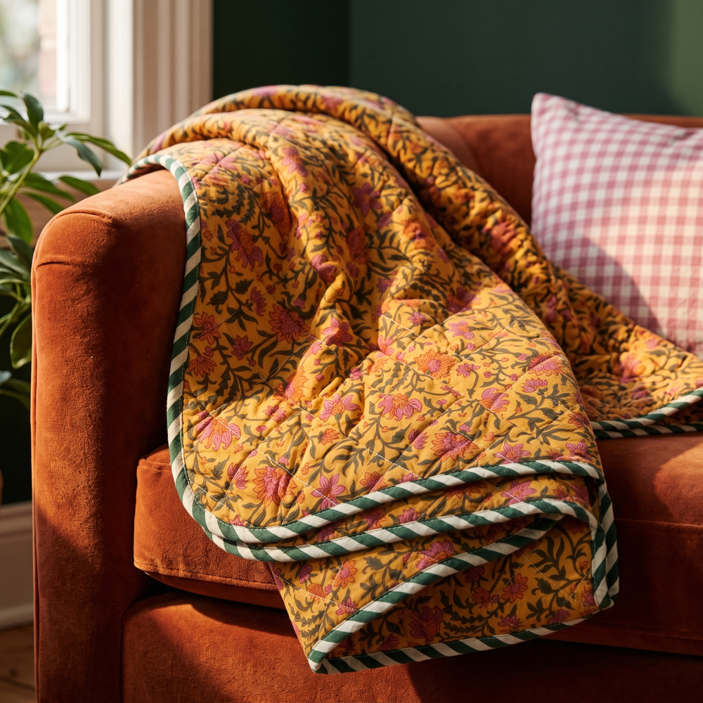 Close-up okergele bloemenquilt over de leuning van een velvet bank