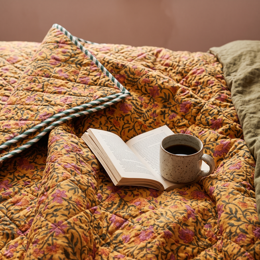 Close-up bloemenquilt op bed met groen-wit gestreepte bies