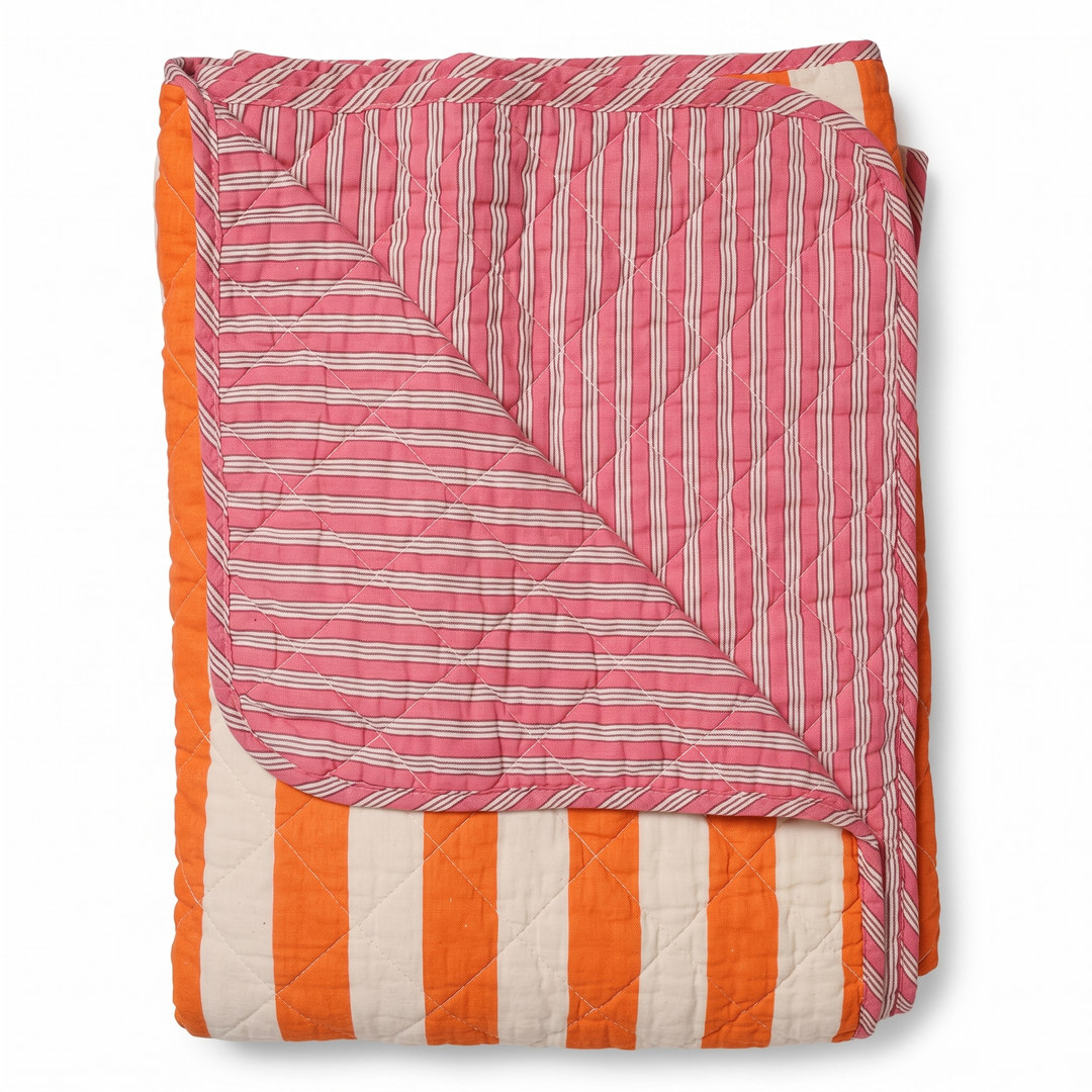 Plaid quilt katoen gestreept oranje en roze 140x180 cm, opgevouwen