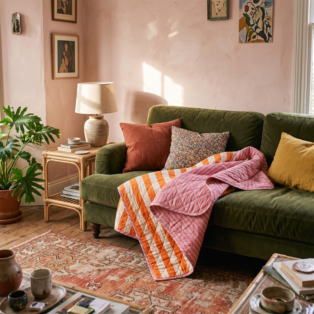 Gestreepte quilt oranje en roze op een olijfgroene velvet bank tegen een roze muur