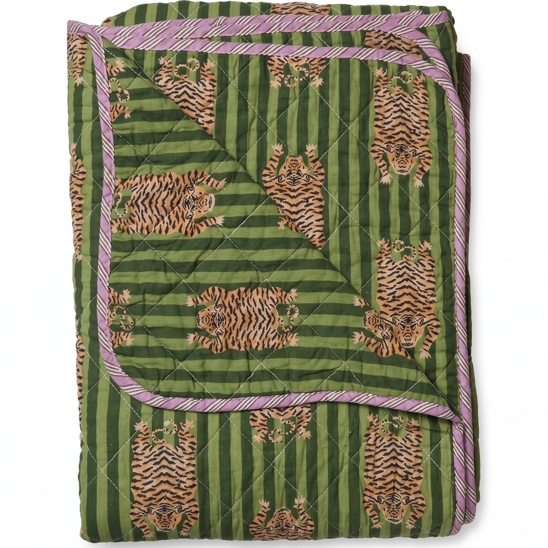 Plaid quilt katoen tijgerprint groen en paars 140x180 cm, opgevouwen