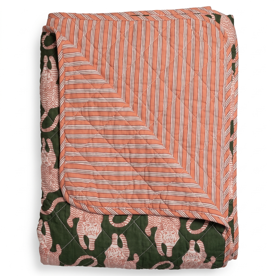 Plaid quilt katoen tijgerprint groen en zalmroze 140x180 cm, opgevouwen