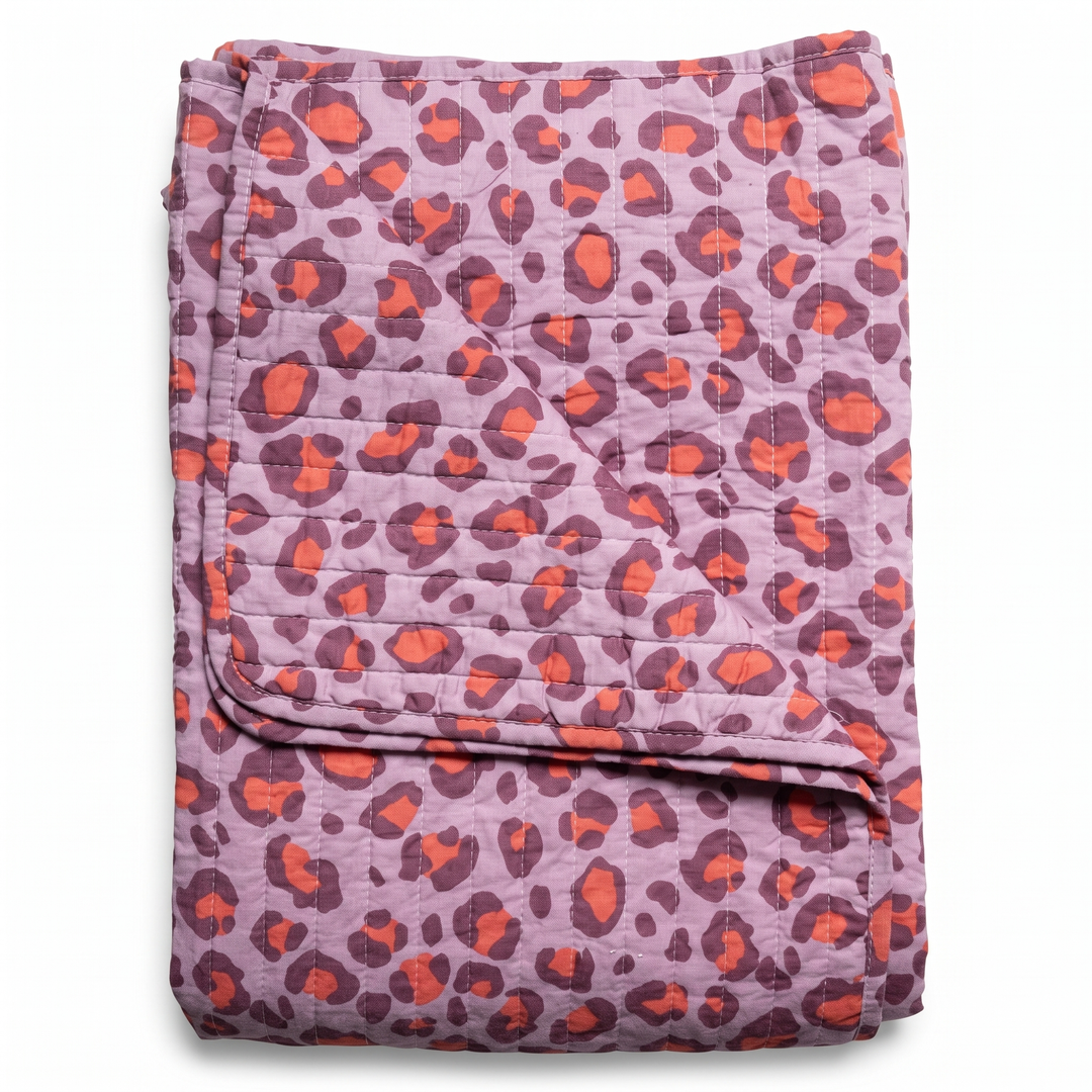 Plaid luipaardprint katoen paars en rood 135x180 cm, opgevouwen