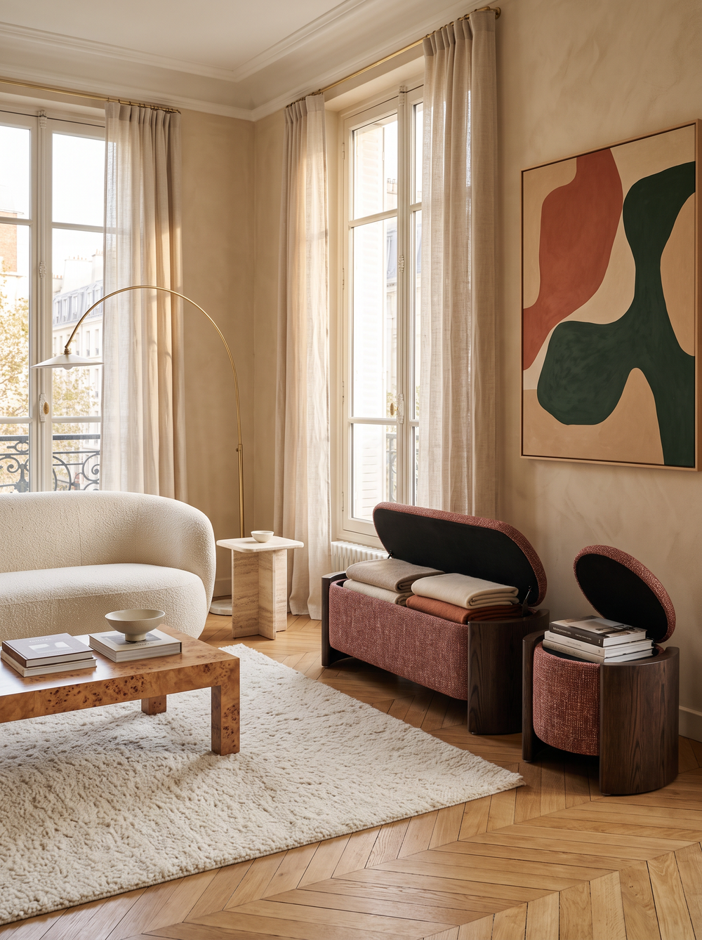 Valento bankje en poef met opbergruimte rood als set in een luxe woonkamer