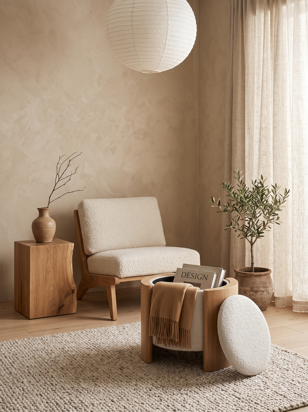 Valento poef met opbergruimte beige in een Japandi woonkamer