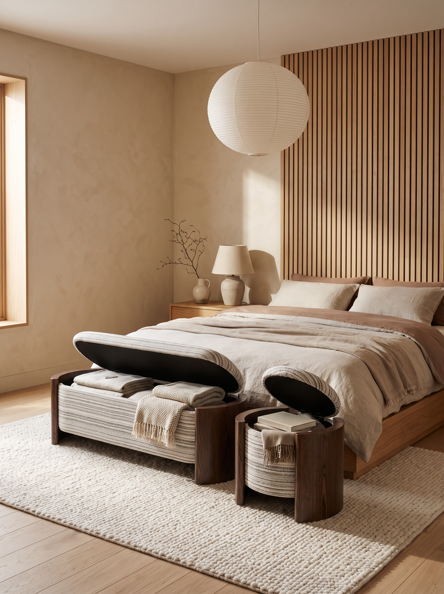 Valento bankje en poef met opbergruimte naturel gestreept als set in een Japandi slaapkamer