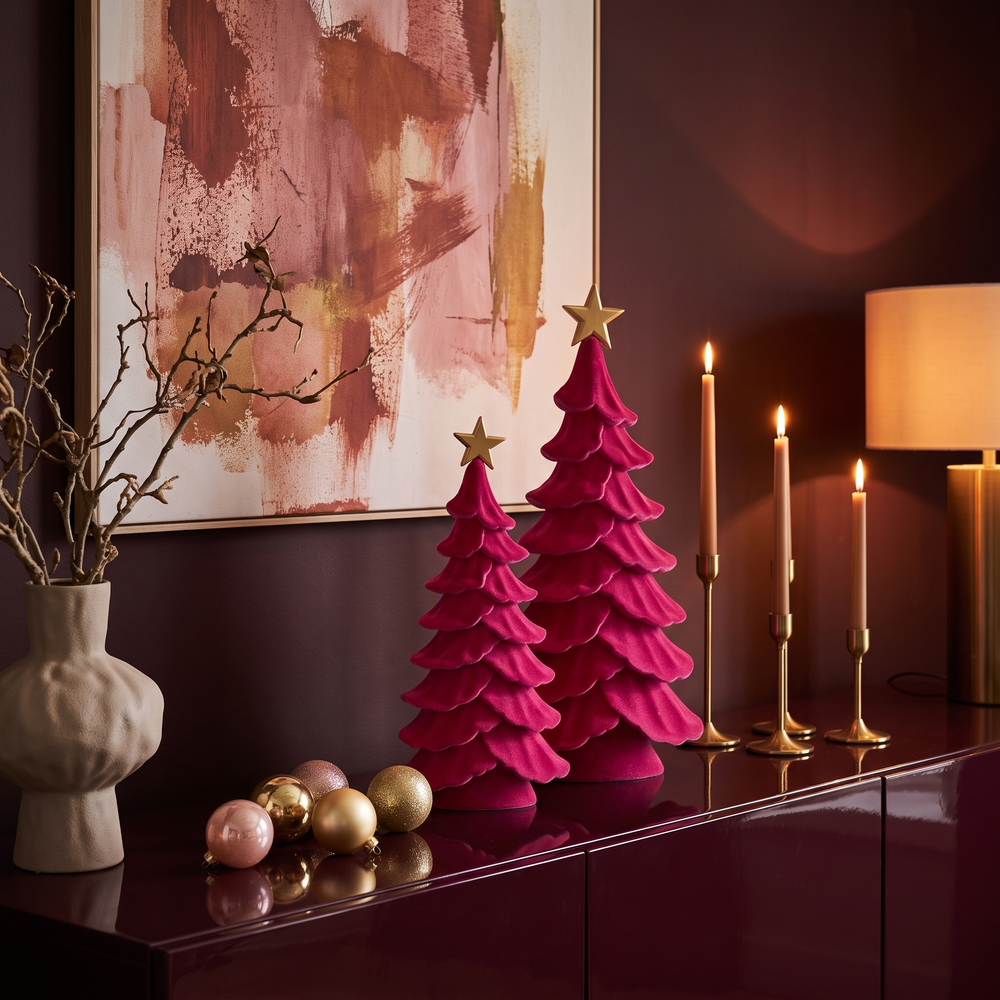 Velvet kerstbomen fuchsia op bordeaux dressoir met kaarsen