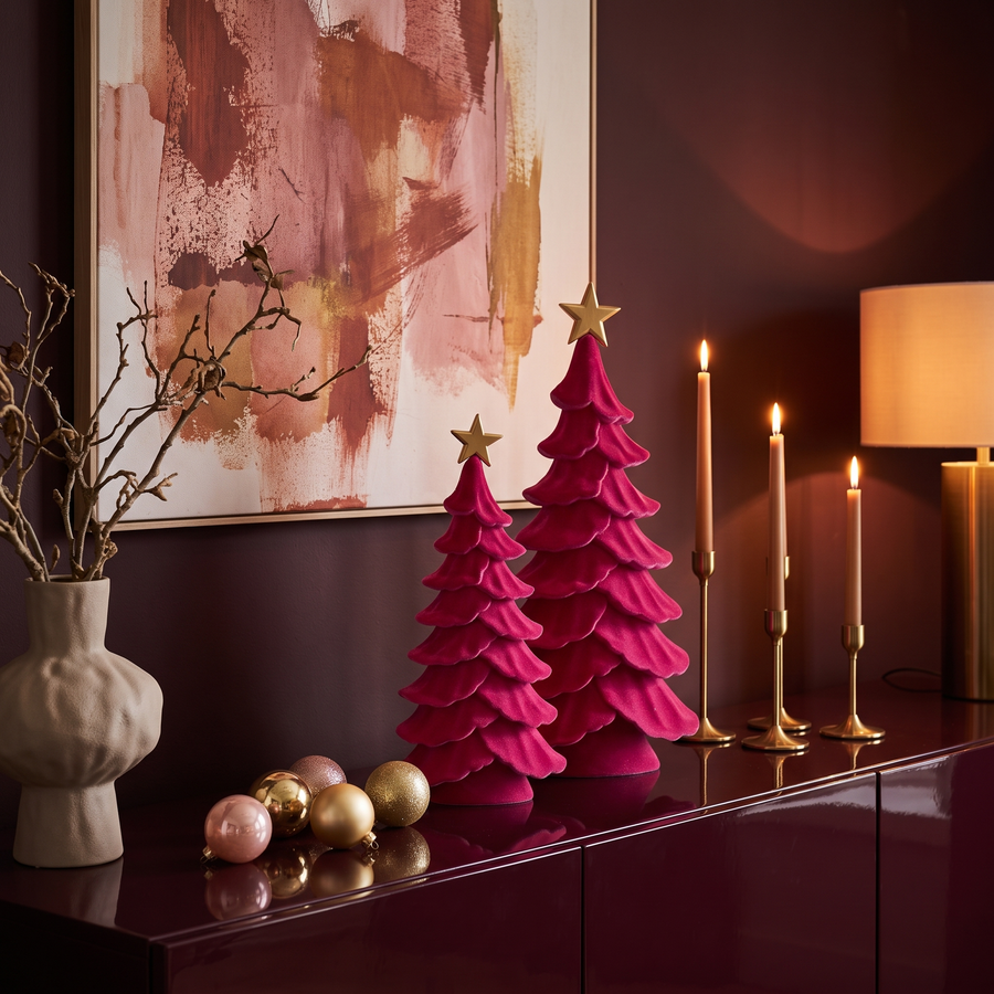 Velvet kerstbomen fuchsia op bordeaux dressoir met kaarsen