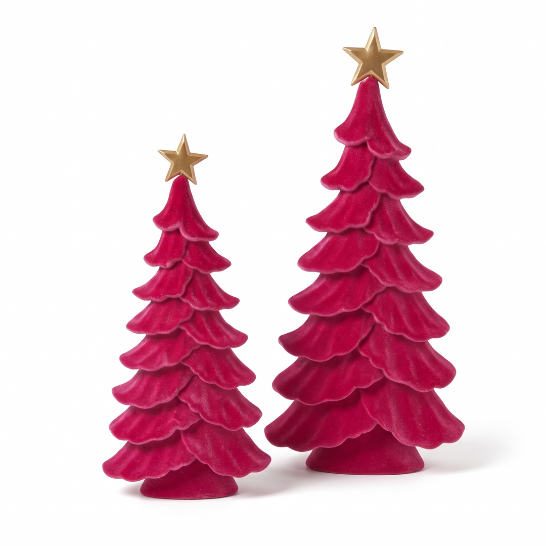 Velvet kerstbomen fuchsia met gouden ster 45 en 65 cm