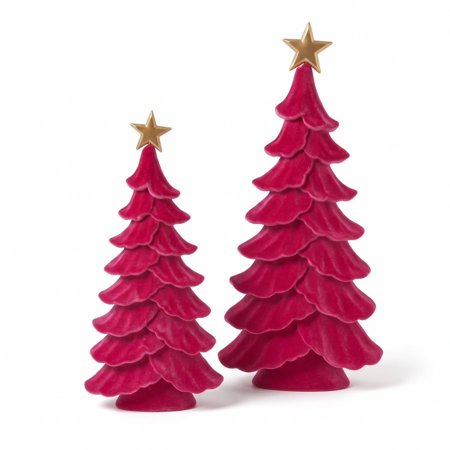 Velvet kerstbomen fuchsia met gouden ster 45 en 65 cm