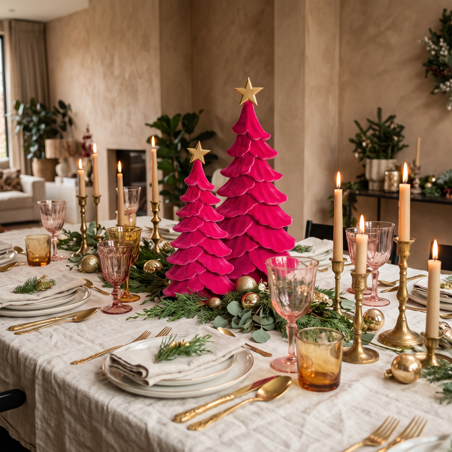 Velvet kerstbomen fuchsia als middenstuk op de kersttafel