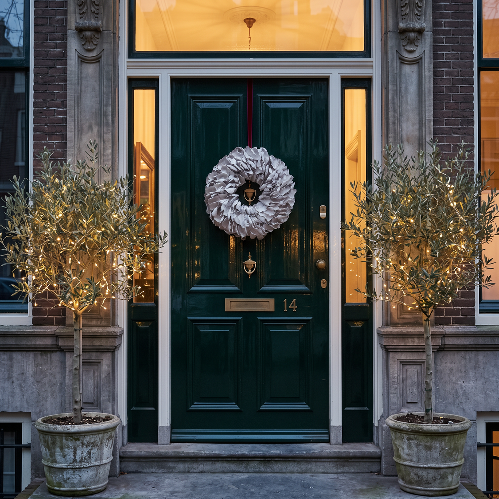 Witte palmbladkrans 55 cm aan een groene voordeur met kerst
